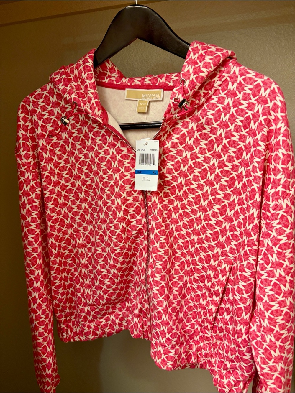 Michael Kors Pink and White All-Over Logo Zip Hoodie